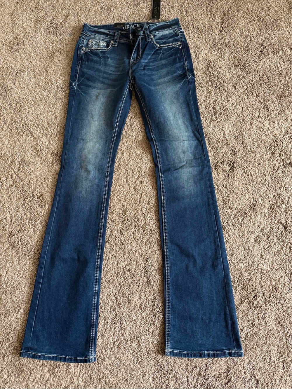 Grace in LA Faded Dark Blue Flare Jeans 25x34